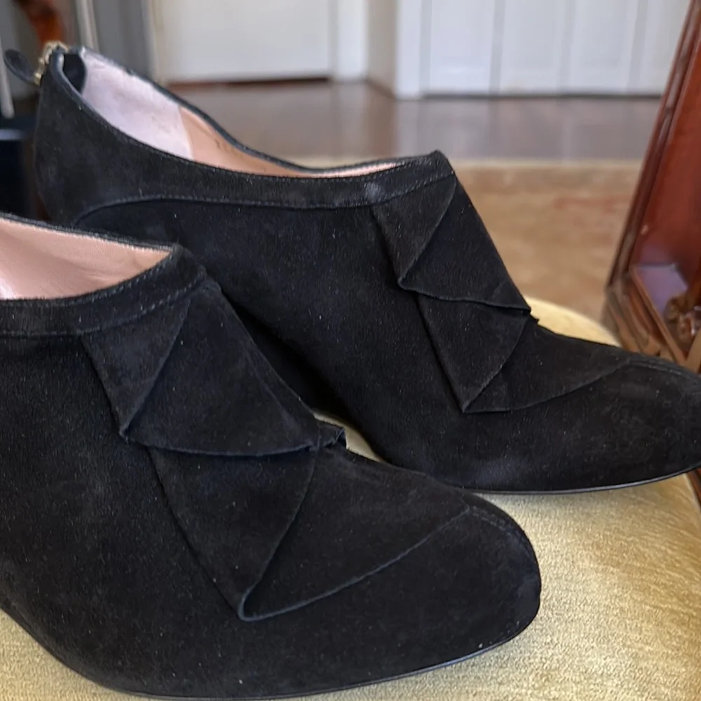 Emporio Armani Black Suede Wedge Booties with Ruffle and Back Zip EUR 40 US 9.5